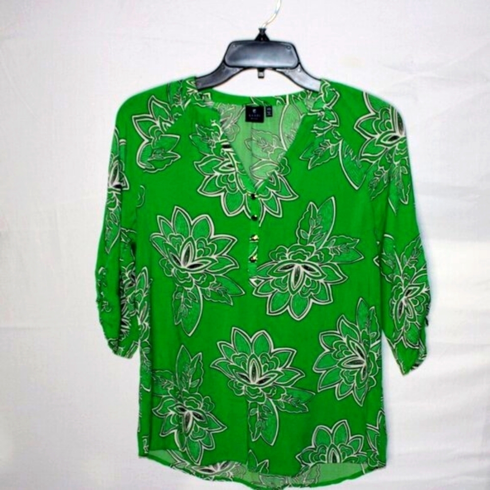 Kaari Blue XS Green Floral Boho Blouse 3/4 Sleeve 100% Rayon